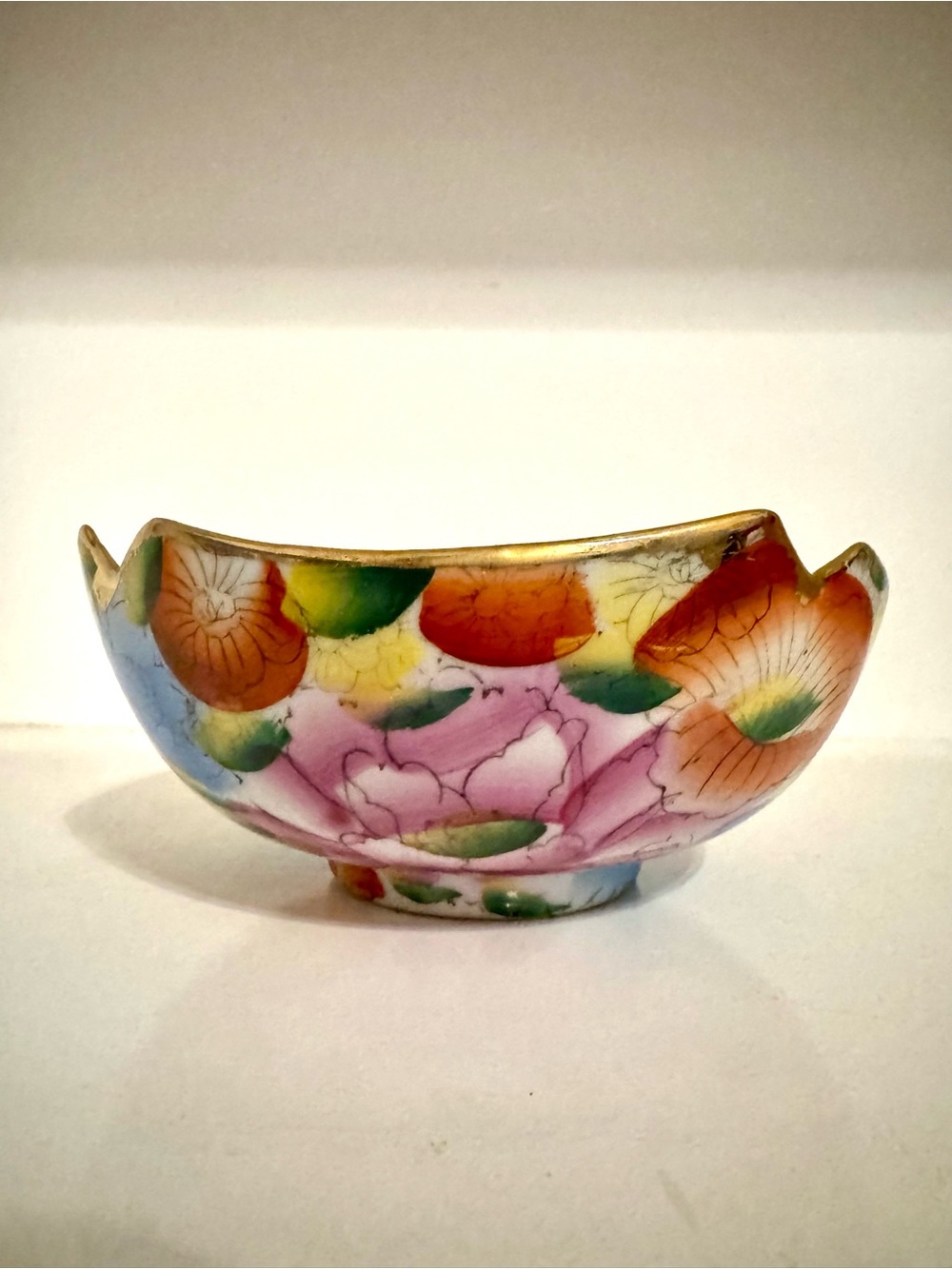 Vintage Chinese Hand-Painted Thousand Flowers Porcelain Scalloped Bowl - 6"